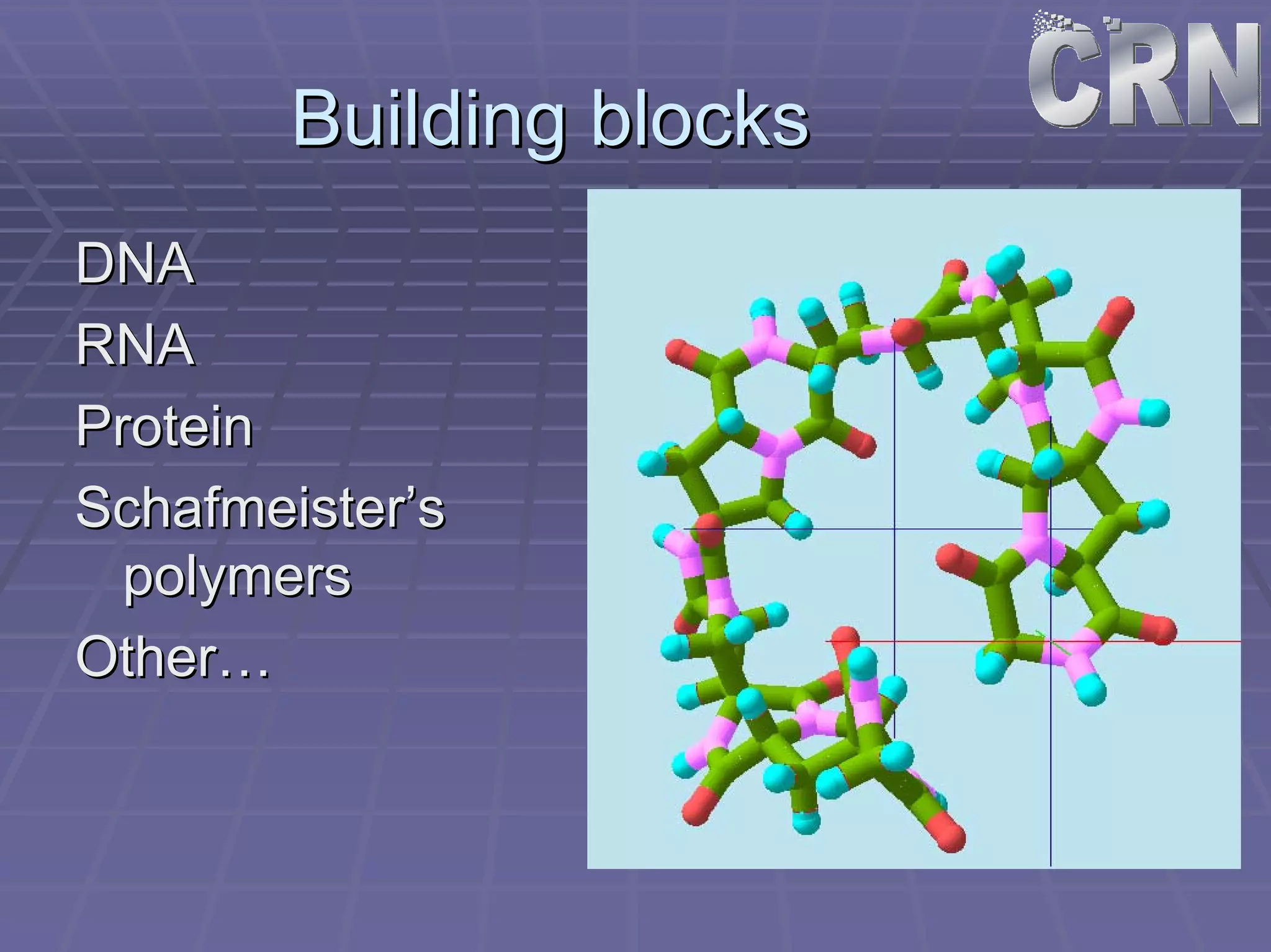 Building blocks 
DNA 
RNA 
Protein 
Schafmeister’s 
polymers 
Other… 
 