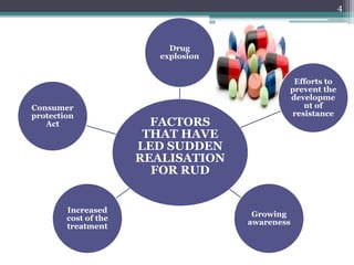 FACTORS
THAT HAVE
LED SUDDEN
REALISATION
FOR RUD
Drug
explosion
Efforts to
prevent the
developme
nt of
resistance
Growing
awareness
Increased
cost of the
treatment
Consumer
protection
Act
4
 