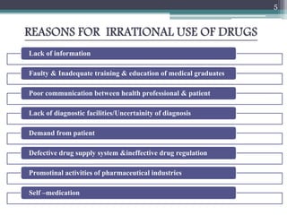 REASONS FOR IRRATIONAL USE OF DRUGS
Lack of information
Faulty & Inadequate training & education of medical graduates
Poor communication between health professional & patient
Lack of diagnostic facilities/Uncertainity of diagnosis
Demand from patient
Defective drug supply system &ineffective drug regulation
Promotinal activities of pharmaceutical industries
Self –medication
5
 