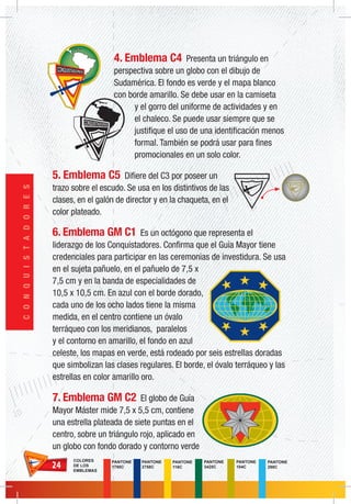 2424
CONQUISTADORES
4. Emblema C4 Presenta un triángulo en
perspectiva sobre un globo con el dibujo de
Sudamérica. El fondo es verde y el mapa blanco
con borde amarillo. Se debe usar en la camiseta
y el gorro del uniforme de actividades y en
el chaleco. Se puede usar siempre que se
justifique el uso de una identificación menos
formal. También se podrá usar para fines
promocionales en un solo color.
5. Emblema C5 Difiere del C3 por poseer un
trazo sobre el escudo. Se usa en los distintivos de las
clases, en el galón de director y en la chaqueta, en el
color plateado.
6. Emblema GM C1 Es un octógono que representa el
liderazgo de los Conquistadores. Confirma que el Guía Mayor tiene
credenciales para participar en las ceremonias de investidura. Se usa
en el sujeta pañuelo, en el pañuelo de 7,5 x
7,5 cm y en la banda de especialidades de
10,5 x 10,5 cm. En azul con el borde dorado,
cada uno de los ocho lados tiene la misma
medida, en el centro contiene un óvalo
terráqueo con los meridianos, paralelos
y el contorno en amarillo, el fondo en azul
celeste, los mapas en verde, está rodeado por seis estrellas doradas
que simbolizan las clases regulares. El borde, el óvalo terráqueo y las
estrellas en color amarillo oro.
7. Emblema GM C2 El globo de Guía
Mayor Máster mide 7,5 x 5,5 cm, contiene
una estrella plateada de siete puntas en el
centro, sobre un triángulo rojo, aplicado en
un globo con fondo dorado y contorno verde
PANTONE
298C
COLORES
DE LOS
EMBLEMAS
PANTONE
2758C
PANTONE
1795C
PANTONE
116C
PANTONE
3425C
PANTONE
104C
 