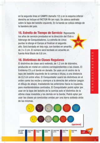 2727
CONQUISTADORES
en la segunda línea el CAMPO (tamaño 12) y en la esquina inferior
derecha se incluye el FACTOR Rh (en rojo). Se coloca centrado
sobre la tapa del bolsillo izquierdo. En la banda se coloca debajo de
la bandera del país.
15. Estrella de Tiempo de Servicio Representa
los años de servicio prestados en la dirección del Club o
liderazgo de Conquistadores. La estrella de cinco
puntas la otorga el Campo al finalizar el segundo
año. Será bordada en tela roja, con bordes en amarillo,
de 3 x 3 cm. El número será bordado en amarillo en
fuente Arial Black de 0,8 cm.
16. Distintivos de Clases Regulares
El distintivo de clase será redondo, de 1,2 cm de diámetro,
producido en metal en colores correspondientes a las clases. El
Emblema C5 y el borde en dorado. Se usan en el centro de la
tapa del bolsillo izquierdo de la camisa o blusa, a una distancia
de 0,2 cm entre ellos. El Conquistador usará los distintivos en el
orden como los recibe y siempre a la derecha del anterior (según
el dibujo de abajo), trasladando los anteriores hacia la izquierda,
pero manteniéndolos centrados. El Conquistador podrá optar por
usar en la tapa del bolsillo de la camisa solo el distintivo de la
última clase investida y los demás en la banda. Podrá optar por
usar las clases ya concluidas unidas por una barra soldada atrás
de las mismas.
(opcional)
PANTONE
1795C
PANTONE
2758C
PANTONE
3425C
PANTONE
877C
PANTONE
511C
COLORES
DE LAS
CLASES
PANTONE
116C
 