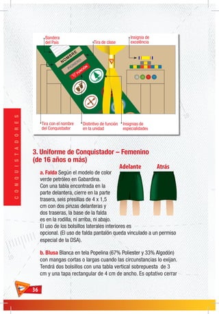 3636
CONQUISTADORES
Bandera
del País Tira de clase
NOM
BRE
PIONERO
Tira con el nombre
del Conquistador
Distintivo de función
en la unidad
Insignias de
especialidades
Insignia de
excelência
3. Uniforme de Conquistador – Femenino
(de 16 años o más)
a. Falda Según el modelo de color
verde petróleo en Gabardina.
Con una tabla encontrada en la
parte delantera, cierre en la parte
trasera, seis presillas de 4 x 1,5
cm con dos pinzas delanteras y
dos traseras, la base de la falda
es en la rodilla, ni arriba, ni abajo.
El uso de los bolsillos laterales interiores es
opcional. (El uso de falda pantalón queda vinculado a un permiso
especial de la DSA).
b. Blusa Blanca en tela Popelina (67% Poliester y 33% Algodón)
con mangas cortas o largas cuando las circunstancias lo exijan.
Tendrá dos bolsillos con una tabla vertical sobrepuesta de 3
cm y una tapa rectangular de 4 cm de ancho. Es optativo cerrar
 
