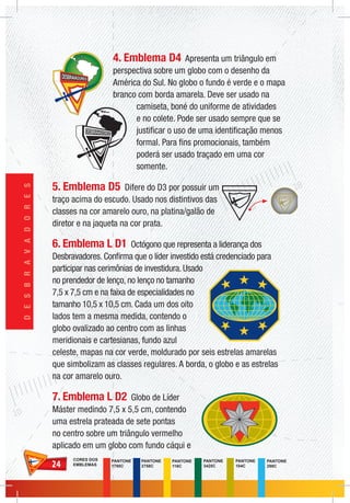 2424
DESBRAVADORES
4. Emblema D4 Apresenta um triângulo em
perspectiva sobre um globo com o desenho da
América do Sul. No globo o fundo é verde e o mapa
branco com borda amarela. Deve ser usado na
camiseta, boné do uniforme de atividades
e no colete. Pode ser usado sempre que se
justificar o uso de uma identificação menos
formal. Para fins promocionais, também
poderá ser usado traçado em uma cor
somente.
5. Emblema D5 Difere do D3 por possuir um
traço acima do escudo. Usado nos distintivos das
classes na cor amarelo ouro, na platina/galão de
diretor e na jaqueta na cor prata.
6. Emblema L D1 Octógono que representa a liderança dos
Desbravadores. Confirma que o líder investido está credenciado para
participar nas cerimônias de investidura. Usado
no prendedor de lenço, no lenço no tamanho
7,5 x 7,5 cm e na faixa de especialidades no
tamanho 10,5 x 10,5 cm. Cada um dos oito
lados tem a mesma medida, contendo o
globo ovalizado ao centro com as linhas
meridionais e cartesianas, fundo azul
celeste, mapas na cor verde, moldurado por seis estrelas amarelas
que simbolizam as classes regulares. A borda, o globo e as estrelas
na cor amarelo ouro.
7. Emblema L D2 Globo de Líder
Máster medindo 7,5 x 5,5 cm, contendo
uma estrela prateada de sete pontas
no centro sobre um triângulo vermelho
aplicado em um globo com fundo cáqui e
PANTONE
298C
CORES DOS
EMBLEMAS
PANTONE
2758C
PANTONE
1795C
PANTONE
116C
PANTONE
3425C
PANTONE
104C
 