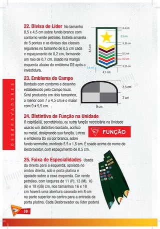3030
DESBRAVADORES
3 cm
2,5 cm
9 cm
8,5cm
4,5 cm
2,5 cm
0,4 cm
0,35 cm
0,5 cm
0,35 cm
0,4 cm
0,2 cm
22. Divisa de Líder No tamanho
8,5 x 4,5 cm sobre fundo branco com
contorno verde petróleo. Estrela amarela
de 5 pontas e as divisas das classes
regulares no tamanho de 0,5 cm cada
e espaçamento de 0,2 cm, formando
um raio de 0,7 cm. Usado na manga
esquerda abaixo do emblema D2 após a
investidura.
23. Emblema do Campo
Bordado com contorno e desenho
estabelecido pelo Campo local.
Será produzido em dois tamanhos,
o menor com 7 x 4,5 cm e o maior
com 9 x 5,5 cm.
24. Distintivo de Função na Unidade
O capitão(ã), secretário(a), ou outra função necessária na Unidade
usarão um distintivo bordado, acrílico
ou metal, designando sua função. Letras
e emblema D5 na cor branca, sobre
fundo vermelho, medindo 5,5 x 1,5 cm. É usado acima do nome do
Desbravador, com espaçamento de 0,5 cm.
25. Faixa de Especialidades Usada
da direita para a esquerda, apoiada no
ombro direito, sob o porta platina e
apoiado sobre a coxa esquerda. Cor verde
petróleo, com larguras de 11 (P), 13 (M), 16
(G) e 18 (GG) cm, nos tamanhos 16 e 18
cm haverá uma abertura caseada em 8 cm
na parte superior no centro para a entrada da
porta platina. Cada Desbravador ou líder poderá
 