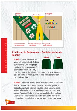 3636
DESBRAVADORES
Bandeira
do País Tira de classe
NOM
E
PIONEIRO
Tira com o nome
do desbravador
Distintivo de função
na unidade
Insígnias de
especialidades
Insígnia de
excelência
3. Uniforme de Desbravador – Feminino (acima de
16 anos)
a.Saia Conforme o modelo, na cor
verde petróleo em tecido Terbrim
ou Gabardine. Com uma prega
macho na frente, zíper atrás, 6
passadores, com 4 x 1,5 cm,
com duas pences dianteiras e duas traseiras, a base da saia é
de 3 cm acima do joelho. (O uso de saia-calça somente com
permissão da DSA).
b. Blusa Conforme o modelo, na cor branca em tecido Grafil, Grafil
Plus ou Tricoline, com mangas curtas ou compridas quando as
circunstâncias assim exigirem.Terá dois bolsos com uma prega
vertical sobreposta de 3 cm e uma tampa retangular de 4 cm de
largura. É opcional fechar a tampa com colchetes de pressão ou
velcro ocultos (não usar botões). Sobre cada ombro haverá um
porta platina (com entretela), costurado na extremidade do ombro
 