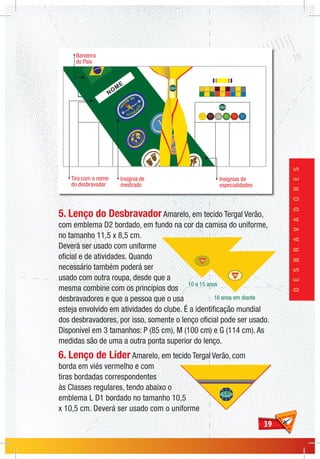 3939
DESBRAVADORES
5. Lenço do Desbravador Amarelo, em tecido Tergal Verão,
com emblema D2 bordado, em fundo na cor da camisa do uniforme,
no tamanho 11,5 x 8,5 cm.
Deverá ser usado com uniforme
oficial e de atividades. Quando
necessário também poderá ser
usado com outra roupa, desde que a
mesma combine com os princípios dos
desbravadores e que a pessoa que o usa
esteja envolvido em atividades do clube. É a identificação mundial
dos desbravadores, por isso, somente o lenço oficial pode ser usado.
Disponível em 3 tamanhos: P (85 cm), M (100 cm) e G (114 cm). As
medidas são de uma a outra ponta superior do lenço.
6. Lenço de Líder Amarelo, em tecido Tergal Verão, com
borda em viés vermelho e com
tiras bordadas correspondentes
às Classes regulares, tendo abaixo o
emblema L D1 bordado no tamanho 10,5
x 10,5 cm. Deverá ser usado com o uniforme
Bandeira
do País
NOM
E
Tira com o nome
do desbravador
Insígnia de
mestrado
Insígnias de
especialidades
 