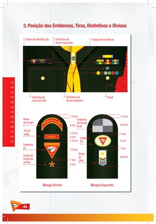 4444
DESBRAVADORES
Tarjeta de identificação Distintivos de
classes avançadas
Distintivo de
classe de líder
Distintivos de
classes regulares
Torçal
Insígnia de excelência
Nome
do Campo
Tira de
cargo
Emblema
D1
Estrela de
tempo de
serviço
Emblema
de Campo
local
Emblema
D2
Divisa
de
Líder
Manga Direita Manga Esquerda
1,5 cm
1,5 cm
1,5 cm
1,5 cm
1 cm
1 cm
1 cm
2 cm
7,5 cm
8,5 cm
3 cm
5 cm
5 cm
5,5 cmNOME DO CLUB
E
CARGO
3. Posição dos Emblemas, Tiras, Distintivos e Divisas
 