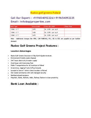 Rudco golf greens Palwal
Call Our Expert-: +919654092226/+919654092225
Email-: info@apjproperties.com
Unit Type Area (Sqft) Price (Rs.) BSP Floor Plan
2 BHK + 2 T 1075 Rs. 2295/- per sq.ft View Floor Plan
3 BHK + 2 T 1450 Rs. 2295/- per sq.ft View Floor Plan
3 BHK + 3 T 1675 Rs. 2295/- per sq.ft View Floor Plan
Note : Additional charges like IFMS, CAR PARKING, PLC, IDC & EDC are payable as per builder
demand.
Rudco Golf Greens Project Features :
Location Advantages
Rudco Golf Greens Structure is Fully Earth Quake resistant.
Environment friendly waste disposal
24×7 hours electricity & water supply
Club House with Swimming Pool
Public Transportation for all locations in Palwal
Green Area, Jogging Tracks & Play Grounds
Located in Sector 7 which is best location in Palwal
One Gated community with well managed security
Dedidacted parking space
Hospitals, Banks, Markets, Malls, Railway Station in close proximity.
Bank Loan Available :
 