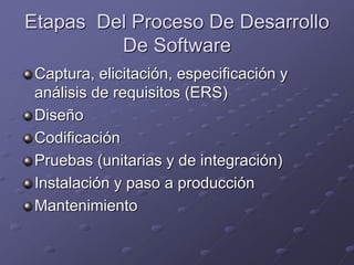 Etapas Del Proceso De Desarrollo 
De Software 
Captura, elicitación, especificación y 
análisis de requisitos (ERS) 
Diseño 
Codificación 
Pruebas (unitarias y de integración) 
Instalación y paso a producción 
Mantenimiento 
 