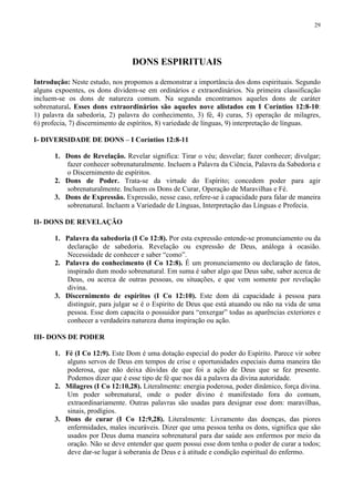 29




                                 DONS ESPIRITUAIS

Introdução: Neste estudo, nos propomos a demonstrar a importância dos dons espirituais. Segundo
alguns expoentes, os dons dividem-se em ordinários e extraordinários. Na primeira classificação
incluem-se os dons de natureza comum. Na segunda encontramos aqueles dons de caráter
sobrenatural. Esses dons extraordinários são aqueles nove alistados em I Coríntios 12:8-10:
1) palavra da sabedoria, 2) palavra do conhecimento, 3) fé, 4) curas, 5) operação de milagres,
6) profecia, 7) discernimento de espíritos, 8) variedade de línguas, 9) interpretação de línguas.

I- DIVERSIDADE DE DONS – I Coríntios 12:8-11

       1. Dons de Revelação. Revelar significa: Tirar o véu; desvelar; fazer conhecer; divulgar;
          fazer conhecer sobrenaturalmente. Incluem a Palavra da Ciência, Palavra da Sabedoria e
          o Discernimento de espíritos.
       2. Dons de Poder. Trata-se da virtude do Espírito; concedem poder para agir
          sobrenaturalmente. Incluem os Dons de Curar, Operação de Maravilhas e Fé.
       3. Dons de Expressão. Expressão, nesse caso, refere-se à capacidade para falar de maneira
          sobrenatural. Incluem a Variedade de Línguas, Interpretação das Línguas e Profecia.

II- DONS DE REVELAÇÃO

       1. Palavra da sabedoria (I Co 12:8). Por esta expressão entende-se pronunciamento ou da
          declaração de sabedoria. Revelação ou expressão de Deus, análoga à ocasião.
          Necessidade de conhecer e saber “como”.
       2. Palavra do conhecimento (I Co 12:8). É um pronunciamento ou declaração de fatos,
          inspirado dum modo sobrenatural. Em suma é saber algo que Deus sabe, saber acerca de
          Deus, ou acerca de outras pessoas, ou situações, e que vem somente por revelação
          divina.
       3. Discernimento de espíritos (I Co 12:10). Este dom dá capacidade à pessoa para
          distinguir, para julgar se é o Espirito de Deus que está atuando ou não na vida de uma
          pessoa. Esse dom capacita o possuidor para “enxergar” todas as aparências exteriores e
          conhecer a verdadeira natureza duma inspiração ou ação.

III- DONS DE PODER

       1. Fé (I Co 12:9). Este Dom é uma dotação especial do poder do Espírito. Parece vir sobre
          alguns servos de Deus em tempos de crise e oportunidades especiais duma maneira tão
          poderosa, que não deixa dúvidas de que foi a ação de Deus que se fez presente.
          Podemos dizer que é esse tipo de fé que nos dá a palavra da divina autoridade.
       2. Milagres (I Co 12:10,28). Literalmente: energia poderosa, poder dinâmico, força divina.
          Um poder sobrenatural, onde o poder divino é manifestado fora do comum,
          extraordinariamente. Outras palavras são usadas para designar esse dom: maravilhas,
          sinais, prodígios.
       3. Dons de curar (I Co 12:9,28). Literalmente: Livramento das doenças, das piores
          enfermidades, males incuráveis. Dizer que uma pessoa tenha os dons, significa que são
          usados por Deus duma maneira sobrenatural para dar saúde aos enfermos por meio da
          oração. Não se deve entender que quem possui esse dom tenha o poder de curar a todos;
          deve dar-se lugar à soberania de Deus e à atitude e condição espiritual do enfermo.
 