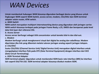 WAN Devices
Untuk membentuk hubungan WAN biasanya digunakan berbagai device yang khusus untuk
lingkungan WAN seperti WAN Switch, access server, modem, CSU/DSU dan ISDN terminal
adapter selain router, ATM switch.
a. WAN Switch
WAN switch merupakan multiport internetworking device yang digunakan oleh jaringan carrier.
WAN switch biasanya terdapat pada jaringan Frame Realy, x.25, SMDS dan beroperasi pada level
data link layer dari referensi OSI.
b. Access Server
Access server berfungsi sebagai titik concentrator untuk koneksi dial-in dan dial-out.
c. Modem
Modem berfungsi untuk mengkonversi sinyal dari digital ke analog dan sebaliknya. Modem
diperlukan jika link yang dibentuk melalui saluran jaringan analog seperti jaringan telepon.
d. CSU/DSU
Suatu CSU/DSU (Channel Service Unit/ Digital Service Unit) merupakan digital interface untuk
mengadaptasi interface fisik pada DTE (Data Terminal Equipment) dengan interface dari DCE
(Data Circuit Terminating).
e. ISDN Terminal Adapter
ISDN terminal adapter digunakan untuk menkoneksi ISDN basic rate interface (BRI) ke interface
lain seperti EIA/TIA-232. ISDN terminal adapter biasanya disebut modem ISDN.

 