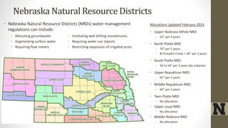 • Nebraska Natural Resource Districts (NRDs) water management
regulations can include:
• Allocating groundwater
• Augmenting surface water
• Requiring flow meters
• Instituting well drilling moratoriums
• Requiring water use reports
• Restricting expansion of irrigated acres
Nebraska Natural Resource Districts
Allocations Updated February 2014
• Upper Niobrara-White NRD
• 54” per 4 years
• North Platte NRD
• 70” per 5 years
• & Pumpkin Creek = 36” per 3 years
• South Platte NRD
• 42 to 54” per 3 years (by subarea)
• Upper Republican NRD
• 65” per 5 years
• Middle Republican NRD
• 60” per 5 years
• Twin Platte NRD
• No allocation
• Upper Loup NRD
• No allocation
• Middle Niobrara NRD
• No allocation
 