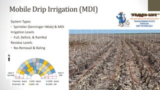 Mobile Drip Irrigation (MDI)
System Types
• Sprinkler (Senninger IWob) & MDI
Irrigation Levels
• Full, Deficit, & Rainfed
Residue Levels
• No-Removal & Baling
 