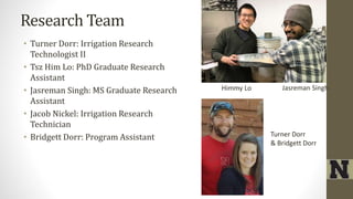 Research Team
• Turner Dorr: Irrigation Research
Technologist II
• Tsz Him Lo: PhD Graduate Research
Assistant
• Jasreman Singh: MS Graduate Research
Assistant
• Jacob Nickel: Irrigation Research
Technician
• Bridgett Dorr: Program Assistant
Himmy Lo Jasreman Singh
Turner Dorr
& Bridgett Dorr
 