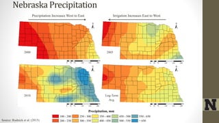 Nebraska Precipitation
Precipitation, mm
100 - 200
200 - 250
250 - 300
300 - 350
350 - 400
400 - 450
450 - 500
500 - 550
550 - 650
> 650
2000 2005
2010 Lng-Term
Avg.
Precipitation Increases West to East Irrigation Increases East to West
Source: Rudnick et al. (2015)
 