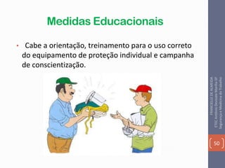 Medidas Educacionais
• Cabe a orientação, treinamento para o uso correto
do equipamento de proteção individual e campanha
de conscientização.
50
FRANCIELLEDEALMEIDA
ETECAntônioDevisateMarília-SP
SegurançaeMedicinadoTrabalho
 