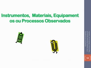 Instrumentos, Materiais, Equipament
os ou Processos Observados
58
FRANCIELLEDEALMEIDA
ETECAntônioDevisateMarília-SP
SegurançaeMedicinadoTrabalho
 