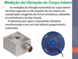 Medição da Vibração de Corpo Inteiro
• As medições da vibração transmitida ao corpo devem
ser feitas segundo as três direções de um sistema de
coordenadas ortogonais de forma simultânea, utilizando-
se acelerômetro do tipo triaxial.
O elemento que capta o movimento vibratório
transformando-o em um sinal elétrico proporcional à
aceleração.
8
FRANCIELLEDEALMEIDA
ETECAntônioDevisateMarília-SP
SegurançaeMedicinadoTrabalho
 