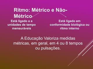 Ritmo: Métrico e Não-
Métrico
A Educação Valoriza medidas
métricas, em geral, em 4 ou 8 tempos
ou pulsações.
Está ligado a a
unidades de tempo
mensuráveis
Está ligado em
conformidade biológica ou
ritmo interno
 
