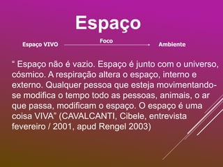 Espaço
Espaço VIVO
Foco
Ambiente
“ Espaço não é vazio. Espaço é junto com o universo,
cósmico. A respiração altera o espaço, interno e
externo. Qualquer pessoa que esteja movimentando-
se modifica o tempo todo as pessoas, animais, o ar
que passa, modificam o espaço. O espaço é uma
coisa VIVA” (CAVALCANTI, Cibele, entrevista
fevereiro / 2001, apud Rengel 2003)
 