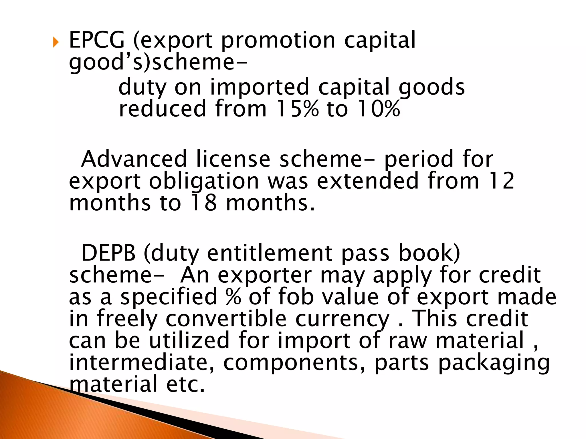 Globalisation of Indian economy- agricultuareAdditional SIL of 1% for export of agro product allowing eov’s and other units in EPZ in agricultural sectors to 50% of their output in the domestic tariff area (DTA) on payment of duty.100% foreigh equity paticipation in the case of 100% , and units set up in epz5IMPACT OF EXIM POLICY (1997-2002)