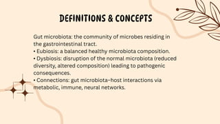 DEFINITIONS & CONCEPTS
Gut microbiota: the community of microbes residing in
the gastrointestinal tract.
• Eubiosis: a balanced healthy microbiota composition.
• Dysbiosis: disruption of the normal microbiota (reduced
diversity, altered composition) leading to pathogenic
consequences.
• Connections: gut microbiota–host interactions via
metabolic, immune, neural networks.
 