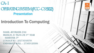 CA-1
OPERATINGSYSTEM(PCC-CS502)
Presentation
Introduction To Computing
NAME:-RUDRANIL DAS
BRANCH:-B. TECH CSE 3rd YEAR
SEMESTER-5th
COLLEGE ID :-20273030078
UNIVERSITY ROLL :- 27300120006
 