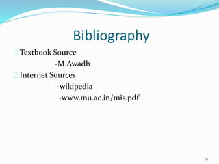 Bibliography
Textbook Source
-M.Awadh
Internet Sources
-wikipedia
-www.mu.ac.in/mis.pdf
21
 