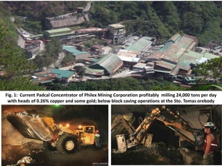 Fig. 1: Current Padcal Concentrator of Philex Mining Corporation profitably milling 24,000 tons per day
 with heads of 0.26% copper and some gold; below block caving operations at the Sto. Tomas orebody
 