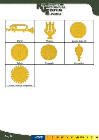 Pag 24
INDICE III III IV V VI VII VIII IX X XI
Clarim Músico Quadro Especial
Taifeiro Topógrafo Comandos
Quadro Técnico Temporário
 