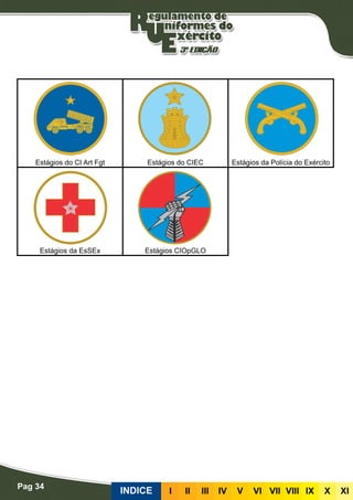 Pag 34
INDICE III III IV V VI VII VIII IX X XI
Estágios do CI Art Fgt Estágios do CIEC Estágios da Polícia do Exército
Estágios da EsSEx Estágios CIOpGLO
 