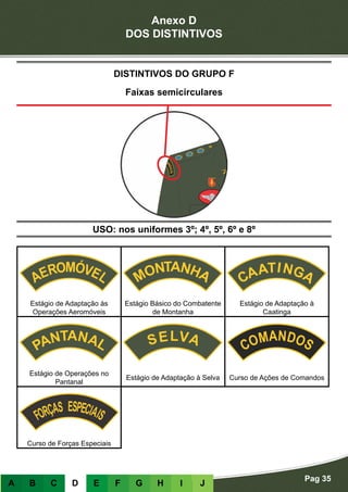 Anexo D
DOS DISTINTIVOS
Pag 35
A B C D E F G H I J
USO: nos uniformes 3º; 4º, 5º, 6º e 8º
DISTINTIVOS DO GRUPO F
Faixas semicirculares
Estágio de Adaptação às
Operações Aeromóveis
Estágio Básico do Combatente
de Montanha
Estágio de Adaptação à
Caatinga
Estágio de Operações no
Pantanal
Estágio de Adaptação à Selva Curso de Ações de Comandos
Curso de Forças Especiais
 