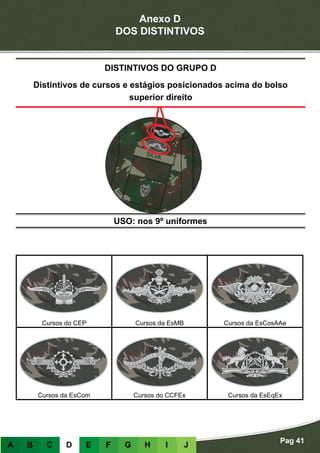 Anexo D
DOS DISTINTIVOS
Pag 41
A B C D E F G H I J
USO: nos 9º uniformes
DISTINTIVOS DO GRUPO D
Distintivos de cursos e estágios posicionados acima do bolso
superior direito
Cursos do CEP Cursos da EsMB Cursos da EsCosAAe
Cursos da EsCom Cursos do CCFEx Cursos da EsEqEx
 