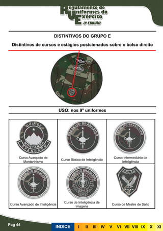 Pag 44
INDICE III III IV V VI VII VIII IX X XI
USO: nos 9º uniformes
DISTINTIVOS DO GRUPO E
Distintivos de cursos e estágios posicionados sobre o bolso direito
Curso Avançado de
Montanhismo
Curso Básico de Inteligência
Curso Intermediário de
Inteligência
Curso Avançado de Inteligência
Curso de Inteligência de
Imagens
Curso de Mestre de Salto
 