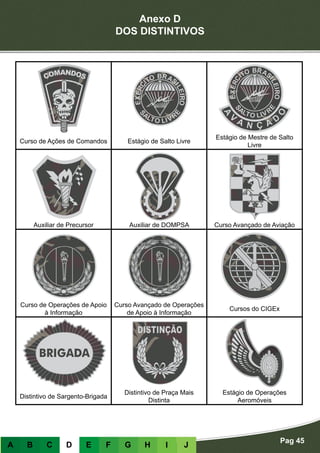 Anexo D
DOS DISTINTIVOS
Pag 45
A B C D E F G H I J
Curso de Ações de Comandos Estágio de Salto Livre
Estágio de Mestre de Salto
Livre
Auxiliar de Precursor Auxiliar de DOMPSA Curso Avançado de Aviação
Curso de Operações de Apoio
à Informação
Curso Avançado de Operações
de Apoio à Informação
Cursos do CIGEx
Distintivo de Sargento-Brigada
Distintivo de Praça Mais
Distinta
Estágio de Operações
Aeromóveis
 