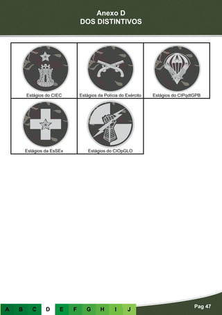 Anexo D
DOS DISTINTIVOS
Pag 47
A B C D E F G H I J
Estágios do CIEC Estágios da Polícia do Exército Estágios do CIPqdtGPB
Estágios da EsSEx Estágios do CIOpGLO
 
