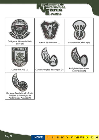 Pag 52
INDICE III III IV V VI VII VIII IX X XI
Estágio de Mestre de Salto
Livre (1)
Auxiliar de Precursor (1) Auxiliar de DOMPSA (1)
Curso do CIGS (2) Curso Avançado de Aviação (1)
Estágio de Operações
Aeromóveis (1)
Curso de Combate a Incêndio,
Resgate e Prevenção de
Acidentes de Aviação (1)
 
