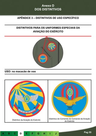 Anexo D
DOS DISTINTIVOS
Pag 55
A B C D E F G H I J
USO: no macacão de voo
DISTINTIVOS PARA OS UNIFORMES ESPECIAIS DA
AVIAÇÃO DO EXÉRCITO
Distintivo da Aviação do Exército
Distintivo do Comando do Comando de Aviação
do Exército
APÊNDICE 3 – DISTINTIVOS DE USO ESPECÍFICO
 