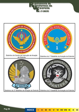 Pag 56
INDICE III III IV V VI VII VIII IX X XI
Distintivo do Centro de Instrução de Aviação
do Exército
Distintivo do 1º Batalhão de Aviação do Exército
Distintivo do 2º Batalhão de Aviação do Exército Distintivo do 3º Batalhão de Aviação do Exército
 
