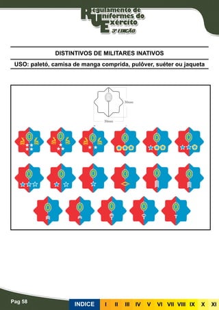 Pag 58
INDICE III III IV V VI VII VIII IX X XI
USO: paletó, camisa de manga comprida, pulôver, suéter ou jaqueta
DISTINTIVOS DE MILITARES INATIVOS
 