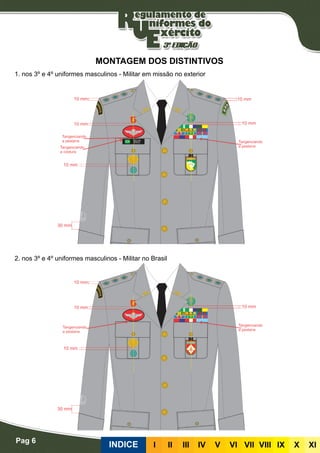 Pag 6
INDICE III III IV V VI VII VIII IX X XI
MONTAGEM DOS DISTINTIVOS
1. nos 3º e 4º uniformes masculinos - Militar em missão no exterior
2. nos 3º e 4º uniformes masculinos - Militar no Brasil
 