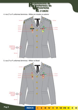 Pag 8
INDICE III III IV V VI VII VIII IX X XI
4. nos 3º e 4º uniformes femininos - Militar em missão no exterior
5. nos 3º e 4º uniformes femininos - Militar no Brasil
 