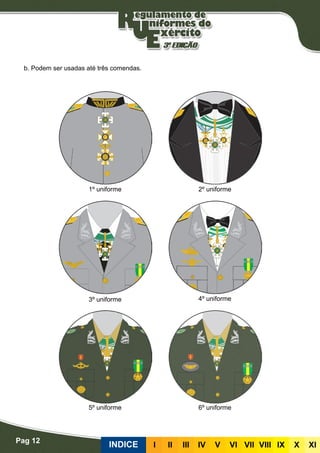 Pag 12
INDICE III III IV V VI VII VIII IX X XI
b. Podem ser usadas até três comendas.
1º uniforme 2º uniforme
3º uniforme 4º uniforme
5º uniforme 6º uniforme
 