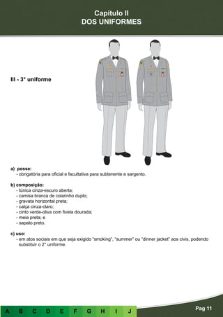 Capítulo II
DOS UNIFORMES
Pag 11
A B C D E F G H I J
a) posse:
- obrigatória para oficial e facultativa para subtenente e sargento.
b) composição:
- túnica cinza-escuro aberta;
- camisa branca de colarinho duplo;
- gravata horizontal preta;
- calça cinza-claro;
- cinto verde-oliva com fivela dourada;
- meia preta; e
- sapato preto.
c) uso:
- em atos sociais em que seja exigido “smoking”, “summer” ou “dinner jacket” aos civis, podendo
substituir o 2° uniforme.
III - 3° uniforme
 