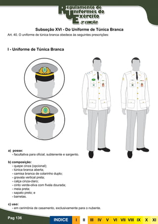 Pag 136
INDICE III III IV V VI VII VIII IX X XI
I - Uniforme de Túnica Branca
Art. 40. O uniforme de túnica branca obedece às seguintes prescrições:
Subseção XVI - Do Uniforme de Túnica Branca
a) posse:
- facultativa para oficial, subtenente e sargento.
b) composição:
- quepe cinza (opcional);
- túnica branca aberta;
- camisa branca de colarinho duplo;
- gravata vertical preta;
- calça cinza-claro;
- cinto verde-oliva com fivela dourada;
- meia preta;
- sapato preto; e
- barretas.
c) uso:
- em cerimônia de casamento, exclusivamente para o nubente.
 