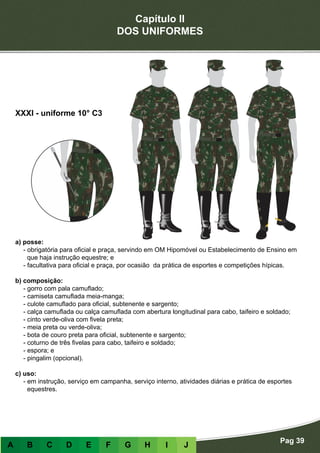Capítulo II
DOS UNIFORMES
Pag 39
A B C D E F G H I J
a) posse:
- obrigatória para oficial e praça, servindo em OM Hipomóvel ou Estabelecimento de Ensino em
que haja instrução equestre; e
- facultativa para oficial e praça, por ocasião da prática de esportes e competições hípicas.
b) composição:
- gorro com pala camuflado;
- camiseta camuflada meia-manga;
- culote camuflado para oficial, subtenente e sargento;
- calça camuflada ou calça camuflada com abertura longitudinal para cabo, taifeiro e soldado;
- cinto verde-oliva com fivela preta;
- meia preta ou verde-oliva;
- bota de couro preta para oficial, subtenente e sargento;
- coturno de três fivelas para cabo, taifeiro e soldado;
- espora; e
- pingalim (opcional).
c) uso:
- em instrução, serviço em campanha, serviço interno, atividades diárias e prática de esportes
equestres.
XXXI - uniforme 10° C3
 