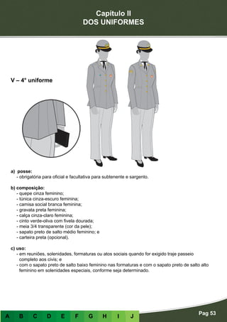 Capítulo II
DOS UNIFORMES
Pag 53
A B C D E F G H I J
a) posse:
- obrigatória para oficial e facultativa para subtenente e sargento.
b) composição:
- quepe cinza feminino;
- túnica cinza-escuro feminina;
- camisa social branca feminina;
- gravata preta feminina;
- calça cinza-claro feminina;
- cinto verde-oliva com fivela dourada;
- meia 3/4 transparente (cor da pele);
- sapato preto de salto médio feminino; e
- carteira preta (opcional).
c) uso:
- em reuniões, solenidades, formaturas ou atos sociais quando for exigido traje passeio
completo aos civis; e
- com o sapato preto de salto baixo feminino nas formaturas e com o sapato preto de salto alto
feminino em solenidades especiais, conforme seja determinado.
V – 4° uniforme
 