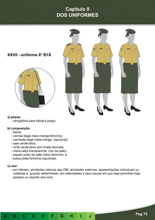 Capítulo II
DOS UNIFORMES
Pag 75
A B C D E F G H I J
a) posse:
- obrigatória para oficial e praça.
b) composição:
- boina;
- camisa bege meia-manga feminina;
- camiseta bege meia-manga (opcional);
- saia verde-oliva;
- cinto verde-oliva com fivela dourada;
- meia-calça transparente (cor da pele);
- sapato preto de salto baixo feminino; e
- bolsa preta feminina (opcional).
c) uso:
- em trânsito, atividades internas das OM, atividades externas, apresentações individuais ou
coletivas e, quando determinado, em solenidades e atos sociais em que seja permitido traje
passeio ou esporte aos civis.
XXVII - uniforme 8° B1S
 