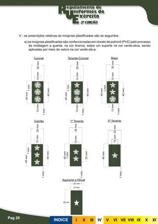 Pag 20
INDICE III III IV V VI VII VIII IX X XI
Coronel Tenente-Coronel Major
Capitão
Aspirante a Oficial
1º Tenente 2º Tenente
V - as prescrições relativas às insígnias plastificadas são as seguintes:
a) as insígnias plastificadas são confeccionadas em cloreto de polivinil (PVC) pelo processo
de moldagem a quente, na cor branca, sobre um suporte na cor verde-oliva, sendo
aplicadas por meio de velcro na cor verde-oliva;
 