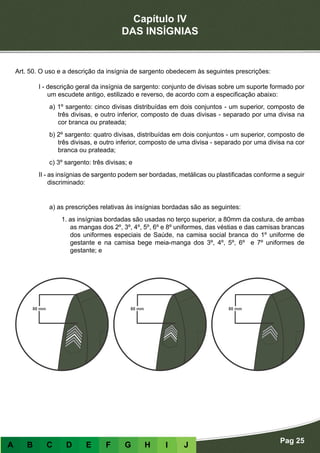 Capítulo IV
DAS INSÍGNIAS
Pag 25
A B C D E F G H I J
Insígnias de sargento
Art. 50. O uso e a descrição da insígnia de sargento obedecem às seguintes prescrições:
I - descrição geral da insígnia de sargento: conjunto de divisas sobre um suporte formado por
um escudete antigo, estilizado e reverso, de acordo com a especificação abaixo:
a) 1º sargento: cinco divisas distribuídas em dois conjuntos - um superior, composto de
três divisas, e outro inferior, composto de duas divisas - separado por uma divisa na
cor branca ou prateada;
b) 2º sargento: quatro divisas, distribuídas em dois conjuntos - um superior, composto de
três divisas, e outro inferior, composto de uma divisa - separado por uma divisa na cor
branca ou prateada;
c) 3º sargento: três divisas; e
II - as insígnias de sargento podem ser bordadas, metálicas ou plastificadas conforme a seguir
discriminado:
Bordadas
a) as prescrições relativas às insígnias bordadas são as seguintes:
1. as insígnias bordadas são usadas no terço superior, a 80mm da costura, de ambas
as mangas dos 2º, 3º, 4º, 5º, 6º e 8º uniformes, das véstias e das camisas brancas
dos uniformes especiais de Saúde, na camisa social branca do 1º uniforme de
gestante e na camisa bege meia-manga dos 3º, 4º, 5º, 6º e 7º uniformes de
gestante; e
 